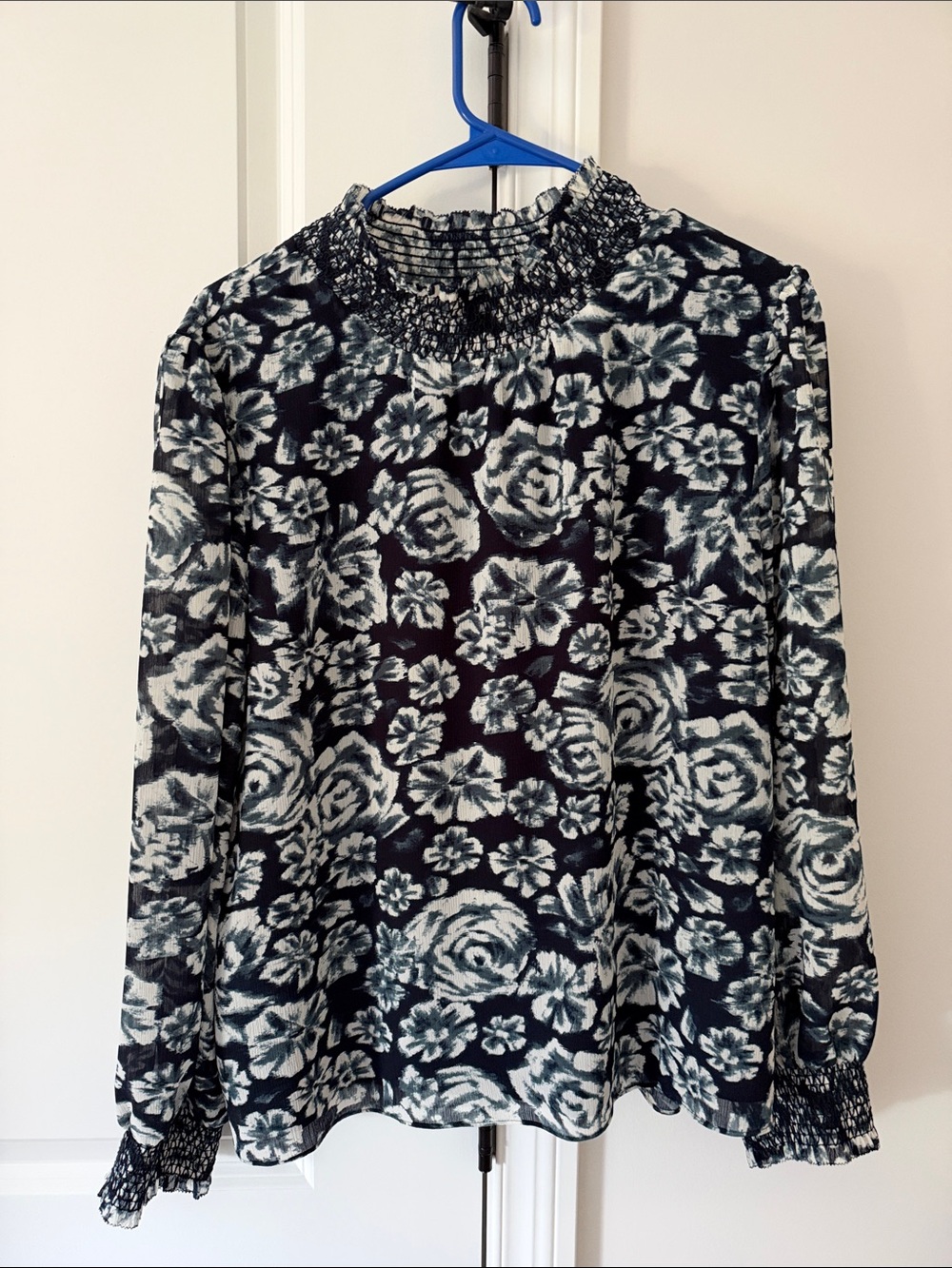 J. Crew Black and White Floral Smocked-Trim Blouse